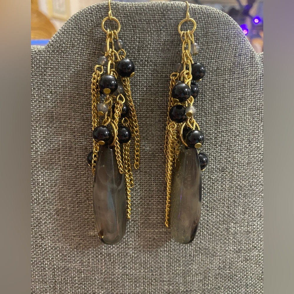 Gray-black bead dangle pierced earrings.  Approximately 4” long.
